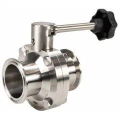 This 3-A certified butterfly valve features a 316L stainless steel body and disc with a clamp connection for sanitary applications. The lever handle offers unlimited stop positions, and the valve has a maximum pressure rating of 140 psi (CWP) with an average surface roughness (Ra) of ≤32 micron. Suitable for use in processing lines requiring hygienic design and clean-in-place (CIP) systems.