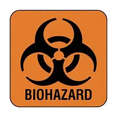 Orange self-adhesive label with 'Biohazard' message, measuring 7/8 by 7/8 inches. Supplied in a 750-count pack. Used to mark containers or packages holding biohazard materials for identification during handling, transport, and storage.