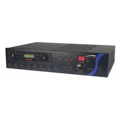 This audio amplifier operates on 115V AC and supports 25V/70V output with 8 ohm impedance. It features an FM antenna (BNC) input and auxiliary (1/8 in) output, and includes an IR remote control. Suitable for commercial paging and background music systems.