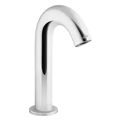 Single-post sensor faucet constructed of brass with a polished chrome finish. Includes mounting hardware. Designed for touch-free operation in commercial and residential bathrooms, using infrared technology to activate water flow.