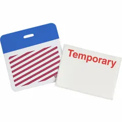 Temporary vinyl clip-on ID badge with white background and red legend. Card height 2 inches, width 3 inches. Supplied in a pack of 500. Suitable for visitor identification, event access, or temporary credentials in industrial settings.