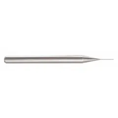 Carbide ball end mill with pencil-neck design for deep cavity machining. Features 3/64" mill diameter, 4 flutes, 3/8" length of cut, and 2-1/2" overall length. Used for precision contouring, 3D profiling, and slotting in hardened steels and non-ferrous materials.
