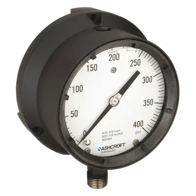 ASHCROFT Process Pressure Gauge: 0 psi to 400 psi, White, 4 1/2 in Dial, 1/2 in NPT Male - Vibration-Resistant All-Stainless Steel Wetted Parts & Casing