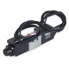 Four-way, three-position, double-solenoid directional control valve with 24V DC solenoid return. Features female 1/8 in NPT ports and a closed center position. Hardwired, non-locking design. Used in pneumatic systems to direct compressed air for actuating cylinders, grippers, or other actuators.