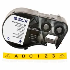 This combined label and ribbon cartridge is designed for the M510 printer series. It measures 1/2 in x 25 ft and uses vinyl material with black-on-yellow printing. The cartridge integrates label and ribbon in one unit for simplified installation and consistent print quality. Typical applications include industrial identification, cable marking, and safety signage.