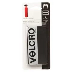 Pre-cut hook-and-loop strip made of nylon in black. Measures 2 inches wide by 4 inches long. Used for bundling, mounting, and securing cables, tools, or lightweight components in industrial maintenance, electrical panels, and assembly applications.