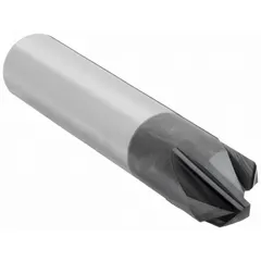 This carbide chamfer mill features an AlTiN coating for wear resistance, 4 flutes, and a 90° included angle. With a 3/4" mill diameter and 3" overall length, it is used for creating beveled edges or chamfers on workpiece corners, preparing them for welding, deburring, or assembly in machining and metal fabrication applications.