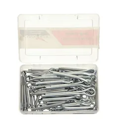 This cotter pin assortment contains 100 pieces across 14 bridge sizes in inch dimensions. Made from 18-8 stainless steel with a plain finish, it is suited for securing mechanical assemblies in industrial applications such as machining, material handling, and power transmission.
