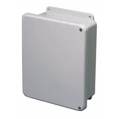 This fiberglass enclosure measures 8 x 8 x 4 inches and features a solid hinged cover secured with screws. Rated NEMA 1, 12, 3R, 4X, and 6P, it is suitable for indoor, outdoor, washdown, and temporary submersible applications. No knockouts are provided. Typical uses include protecting electrical controls, terminals, and instruments in industrial, water treatment, and food processing environments.