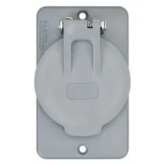 Gray weatherproof portable outlet box cover for single receptacles. Rated Type 3R for outdoor use, protecting against rain and sleet. Suitable for temporary power applications in construction, maintenance, and event settings.