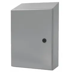 This steel washdown enclosure measures 24 x 24 x 10 inches and features a solid hinged cover secured with a 1/4-turn latch. Rated NEMA 12/13/3R/4, it provides protection against dust, falling dirt, dripping water, rain, sleet, and hose-directed water. Suitable for indoor and outdoor industrial environments where washdown or corrosion resistance is required. No knockouts are provided.