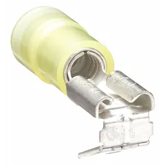 This partially insulated piggyback disconnect features a yellow nylon body providing partial coverage. It is designed with a socket/tab configuration for 0.25 in x 0.032 in tabs, allowing multiple connections to be stacked on a single tab. Typical applications include electrical panels, control cabinets, and industrial machinery where quick joining or disconnecting of wires is required.