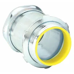 Steel compression conduit connector with insulated throat for terminating rigid metal conduit or IMC to a junction box or enclosure. Gray finish, 1 1/2 in trade size, 2 1/4 in overall length. Suitable for industrial electrical installations requiring a grounded connection.