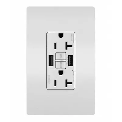 LEGRAND Receptacle: Duplex, 5-20R, 2 USB Ports, USB Type A, White, 125V AC, 20 A - Weather-Resistant Receptacles with USB Chargers