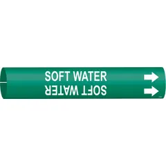 Green snap-on pipe marker with white legend reading 'Soft Water' and directional arrows. Fits pipe outer diameters of 4 to 6 inches. Used to identify soft water lines in plumbing, HVAC, or process systems.