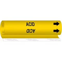Yellow wrap-around pipe marker with black 'Acid' legend and directional arrows. Fits pipe outer diameters from 2-1/2 to 7-7/8 inches. Used to identify pipes carrying acid in industrial facilities, indicating flow direction for safety and compliance.