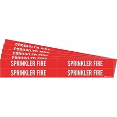Red adhesive pipe marker with white legend reading 'Sprinkler Fire' for identifying sprinkler fire piping systems. Fits pipe outer diameters from 3/4 to 2-3/8 inches. Each pack contains 4 markers without arrows; sold in a 5-pack.