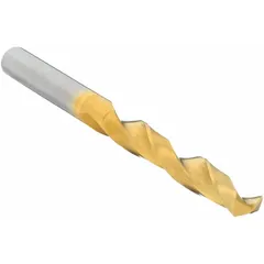 General purpose solid carbide jobber-length drill bit with TiN coating for reduced friction and heat. Features a 118° 4-facet point for self-centering and clean entry. Suitable for drilling ferrous and non-ferrous materials in production machining and maintenance applications.