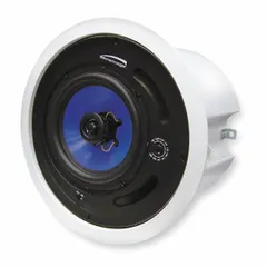 Indoor ceiling-mount speaker, 2-way design with 8 ohm impedance. Powered unit with 9 1/2 in width and 6 in depth. Suitable for background music and paging in commercial spaces.