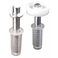 This pivot wheel is used as a guide for hanging doors in sliding or bypass door systems. It measures 1-15/16 inches in length and 3-3/4 inches in width, with a maximum weight capacity of 30 lb. Sold as a pack of 1 pair.