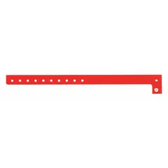 Red plastic security wristband measuring 10 inches in length and 5/8 inch in width. Supplied in packs of 500. Suitable for temporary identification and access control at events, healthcare facilities, and industrial sites.
