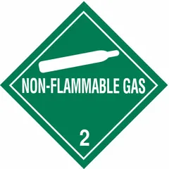Class 2: Gases hazard label for non-flammable gas containers. Measures 4 in x 4 in, supplied in a 500-pack. Used to identify gas cylinders and tanks in industrial and manufacturing settings.