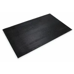 Heavy-duty scraper mat for indoor/outdoor high-traffic entryways. Vinyl construction with beveled edge traps dirt and moisture, reducing slip risks and floor wear. Measures 3 ft x 20 ft with 23/50 in thickness.