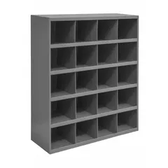 Steel shelving unit with gray finish, 34 x 12 x 42 in overall, featuring 20 fixed compartments each 8 x 11 7/8 x 8 1/2 in. Lipped edges prevent items from sliding out. Suitable for organizing small parts, mail, or tools in warehouses, workshops, and offices.