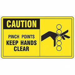 Set of five adhesive-mounted caution signs warning of pinch point hazards. Each sign measures 3 1/2 in x 5 in with a thickness of 0.02 in. Made of vinyl, not retroreflective and does not glow in the dark. Suitable for application on machinery, equipment, or access panels to alert personnel of potential hand or clothing entrapment.