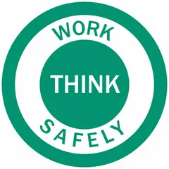 Non-reflective safety label with 2-inch diameter, printed in English with standard universal design. Supplied in a 4-pack for application on hard hats to reinforce safety awareness in industrial environments.