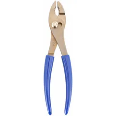Non-sparking slip-joint pliers with 8 in overall length, 1 in jaw length, and 1/2 in max jaw opening. Dipped handles provide grip. Suitable for use in environments where spark ignition must be avoided.
