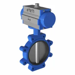 This ductile iron butterfly valve features a lug-style body and air-to-air pneumatic actuator, designed for general-service flow control in HVAC, wastewater, and water media applications. The valve is supplied without a pilot solenoid, allowing for external control integration. It provides reliable on/off or modulating operation in industrial fluid systems.