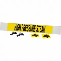 Yellow fiberglass carrier-mounted pipe marker with black legend text reading 'High Pressure Steam' and directional arrows. Fits pipe outer diameters of 8 inches and larger. Used to identify high-pressure steam lines in industrial piping systems, aiding in safety and system identification.