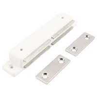 Plastic magnetic push-to-close door catch with pull opening action. Measures 5/8 in height and 4 3/16 in width. Used in cabinets, enclosures, and access panels for secure closure and easy manual release