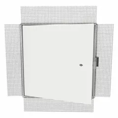 Steel locking access door for ceiling mounting, 16 in width and height, with a 20 ga door. Features a concealed hinge and plaster bead flange for flush integration with drywall. Finished in white. Provides secure access to mechanical, electrical, or plumbing systems in commercial or institutional settings.