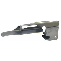 Disposable Miller laryngoscope blade with fiber optic illumination. Constructed from stainless steel with a silver finish. Blade size 1, overall length 4 1/8 inches. Used for direct laryngoscopy during endotracheal intubation, typically for neonatal or pediatric patients.
