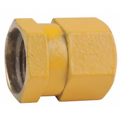 Metal tire valve cap with hex shape and seal design, finished in anodized yellow. Compatible with standard bore valves and 0.307-32 thread size. Overall length and diameter of 1/4 in. Used to seal tire valves against air loss and contamination.