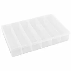 This clear plastic compartmented box from FLAMBEAU features six fixed compartments, each measuring 2-1/16 inches wide by 8-1/2 inches deep. It is not electrostatic discharge conductive, making it suitable for general storage of small parts such as fasteners and hardware in workshops and industrial environments.