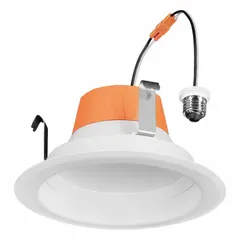 This 4-inch diameter universal trim module for recessed downlighting delivers 650 lumens at 7 watts, with selectable color temperatures of 2700K, 3000K, 3500K, 4000K, or 5000K. It operates on 120V AC and has a white finish with an overall height of 2 1/4 inches. Suitable for retrofit applications in commercial and industrial settings.