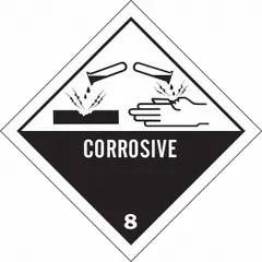 BRADY Class 8 corrosive hazard label, 4 in x 4 in, made of vinyl. Displays 'Corrosive' message for marking containers holding corrosive materials. Supplied in a 500-pack for industrial shipping and storage compliance.