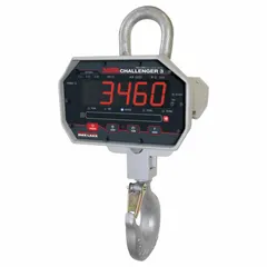 This crane scale has a 15,000 lb capacity with +/-0.1% accuracy and 6 lb readability. It operates in pounds, includes a 6V rechargeable battery, and has an aluminum housing. CE certified. Used for weighing suspended loads in industrial settings.