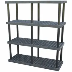 This fixed press-fit stationary shelving unit features a plastic frame and shelves made of corrosion-resistant High Density Polyethylene. With dimensions of 66 in x 24 in and an overall height of 75 in, it includes four shelves. Suitable for storage in environments where moisture or chemicals may be present.