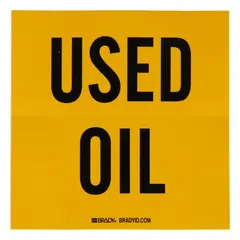 Yellow vinyl label measuring 6 inches by 6 inches, printed with 'Used Oil' message. Supplied in packs of 100. Used for marking containers that hold used oil, aiding in identification during storage and transport.