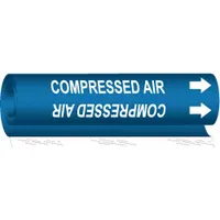 Wrap-around pipe marker for identifying compressed air lines. Blue background with white legend text and directional arrows. Fits pipe outer diameters from 1/2 to 1-3/8 inches. Single marker supplied