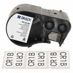 Rectangular flag precut label roll for industrial identification and cable marking. Nylon material with white matte finish. Each roll contains 160 labels. Compatible with BMP51 printer series; requires R4300 ribbon.