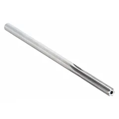 This straight-flute chucking reamer is made from high-speed steel and has a diameter of 0.1695 inches, size #18. It is used for enlarging and finishing holes to precise tolerances in machining operations, typically in drill presses or milling machines.