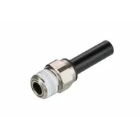 This LEGRIS fitting is a BSPT male thread to push-to-connect adapter, made of nickel-plated brass with a silver finish. It connects 1/4 in BSPT pipe to 4 mm OD tubing, providing a quick and secure joint for pneumatic or fluid systems. Suitable for use with air, water, or light oil in industrial automation and machine building applications