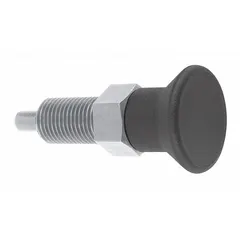This indexing plunger features a nonlocking extended pin with a pull-knob for one-handed operation. Made of stainless steel, it is suited for corrosion-resistant environments. The 3/4"-10 thread allows secure mounting, and the nose force range of 15 N to 43 N provides reliable positioning. Typical applications include precise locking and alignment of machine components such as rotary tables, fixtures, and sliding mechanisms.