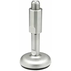 Swivel male leveling mount with M16 thread, 60 mm length, and 27,000 N load capacity. Features sandblasted matte finish, round base, 0.787 in hex size, and includes a sleeve. Used for leveling and stabilizing industrial machinery, conveyors, and heavy equipment.