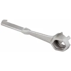This drum bung plug wrench is designed for tightening or loosening bung plugs on steel and plastic drums. It accommodates plug and bung sizes from 3/4 inch to 2 inch. Suitable for use in industrial environments where drum access is required.